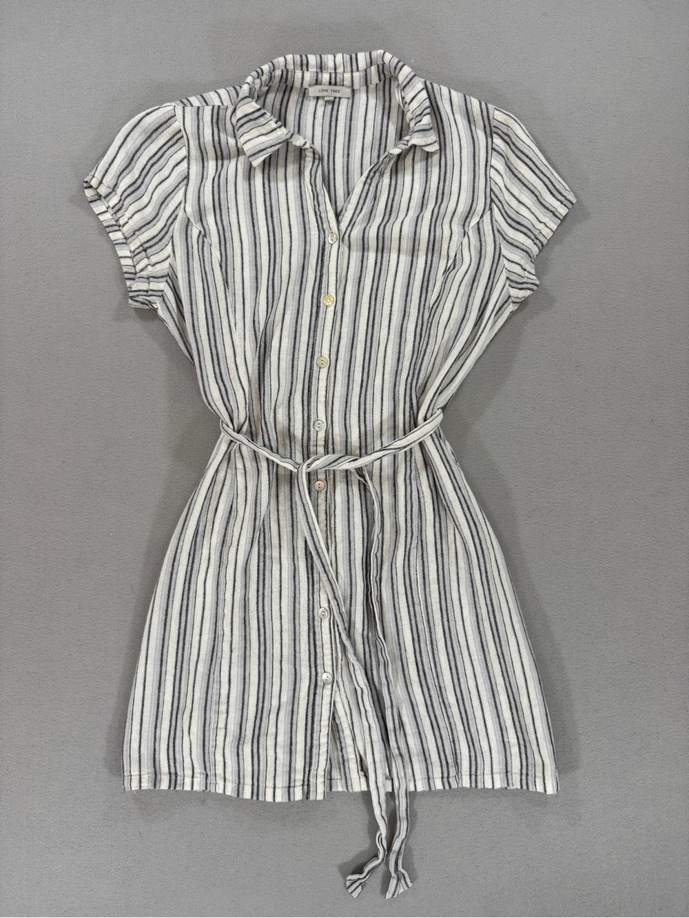 Love Tree Linen Blend Striped Shirt Mini Dress Tie Waist Womens Large Gray